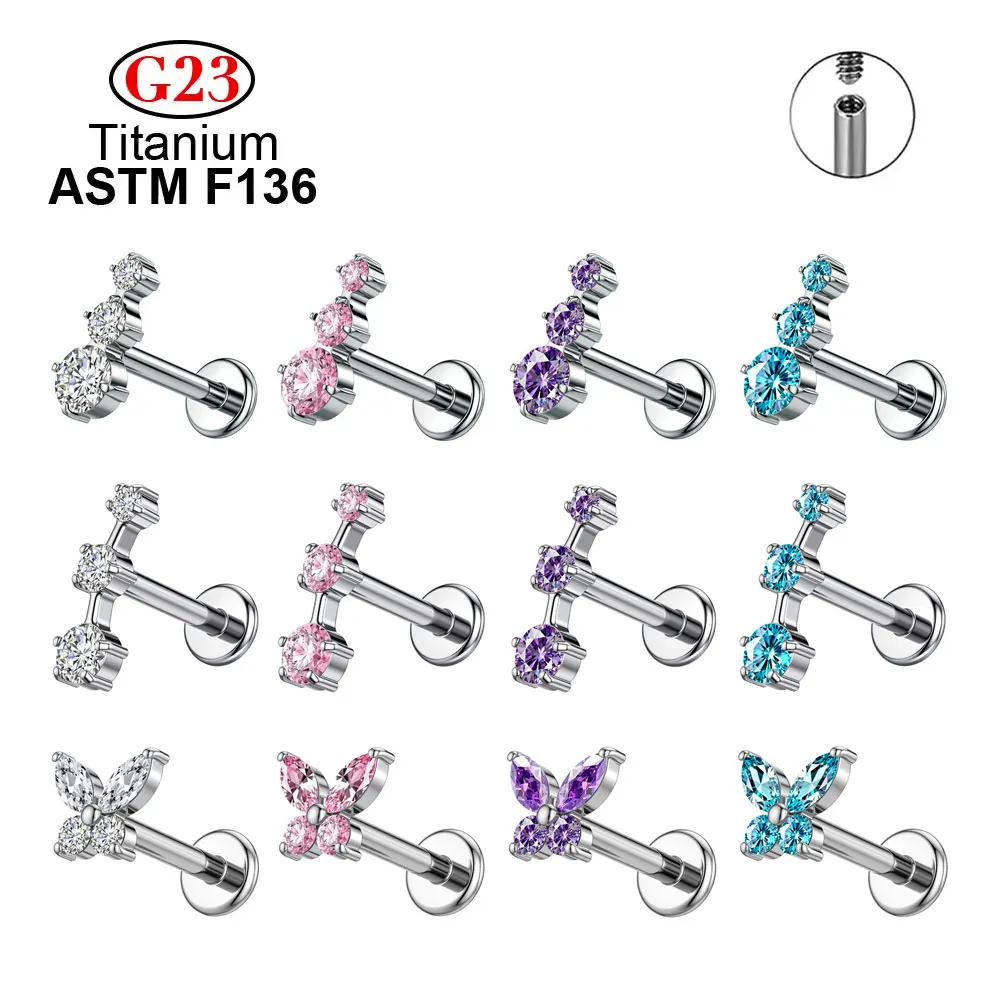 Fashion Titanium Jewelry Piercing Pear CZ and 3CZ 0.9mm Thread Internally Threaded Labret Top Helix Earring