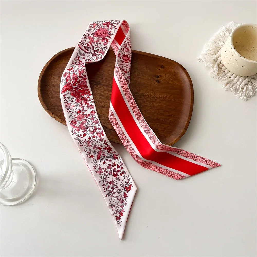 Skinny Bag Ribbon Scarfs for Women Fashion Print Soft Satin Hairband Foulard Neckerchief Female Neck Tie Hair Scarf 2024