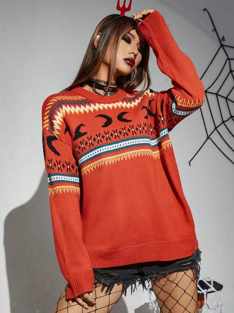 Yangelo Gothic Moon Sweater Knitted Top Loose Long Sleeve Warm Autumn Winter Streetwear Fashion Girl Pullover