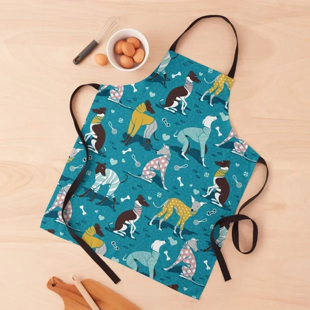 

Greyhounds dogwalk // turquoise background Apron Kitchen Accessories 2022 Salon painting Kitchen Man Apron