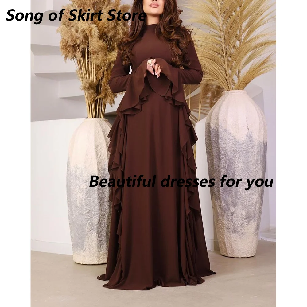 

Modest Evening Dress Robe De Soiree Customized High Neck Long Sleeves Pleat Chiffon A Line Party Gown Floor Length Prom Dress