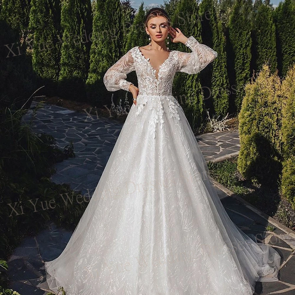 Romântico uma linha vestidos de casamento feminino apliques rendas personalizado vestidos de noiva manga longa princesa sparking vestido de novias