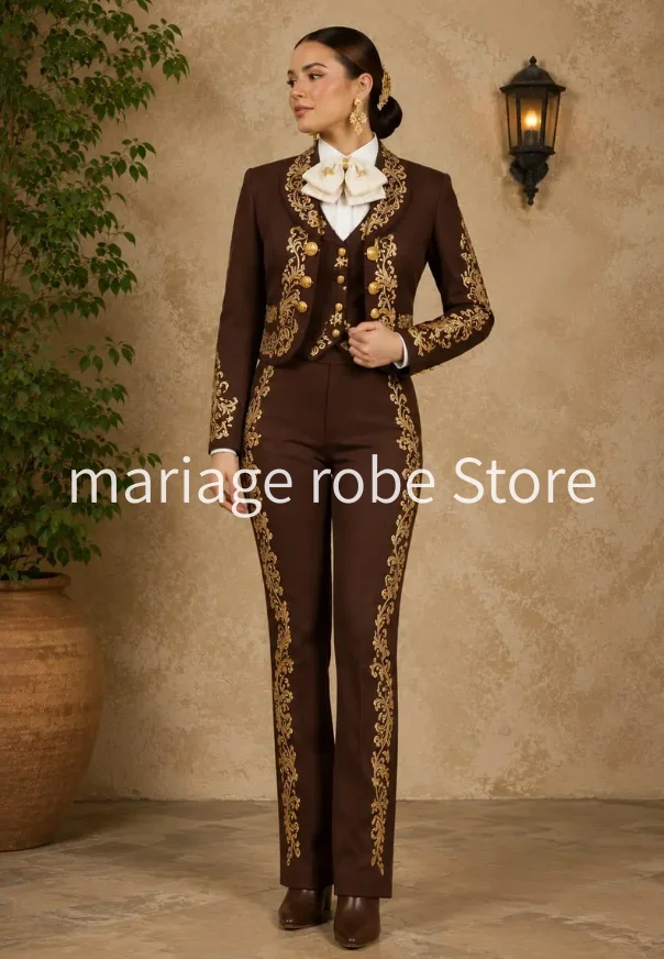 Women Maroon 3 Piece Mariachi Suit evening celebrity gown Golden Embroidered Bridal Suit halloween costume prom dress customized