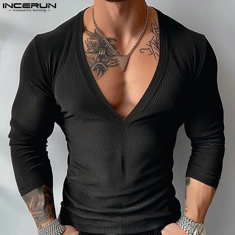 INCERUN Tops 2024 American Style Sexy Men's V-neck Striped T-shirt Casual Well Fitting Male Hot Sale Long Sleeved Camiseta S-5XL