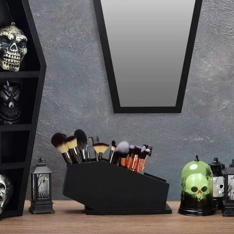 Cosmetic Brush Organizer Gothic Wooden Coffin Makeup Holder Practical Cosmetic Storage Spooky Compartment Pen Holder For Pencil