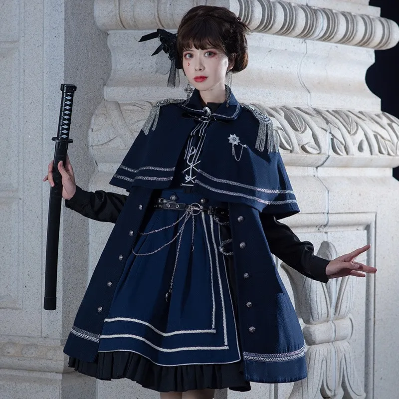 

Lolita Girls Military Style Jsk Dress Set Women Military Cloak Lolita Cape Blue Lolita Top Kawaii Clothes Gothic Dress Girls