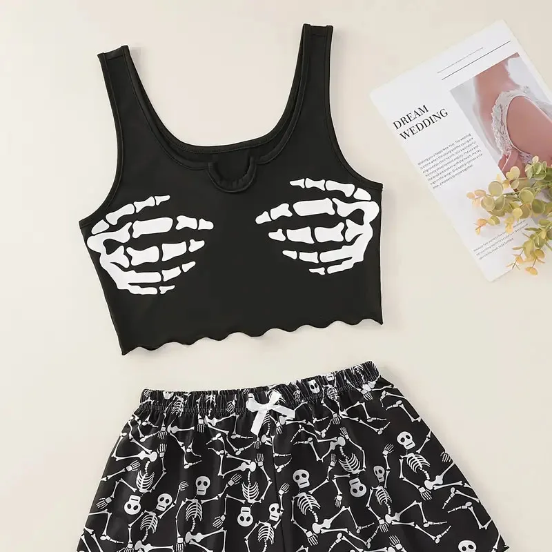 

Домашняя одежда на Хэллоуин, пижамный комплект из 2 предметов, женские корсетные шорты с принтом на подтяжках, сексуальные модные мягкие повседневные сексуальные пижамы