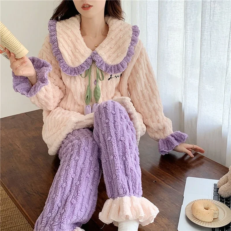 

Lady New Autumn Winter Loungewear Suit Coral Plush Women Pajamas Thickening Sleep Clothes Famale Warm Homewear Set Girls Pijama