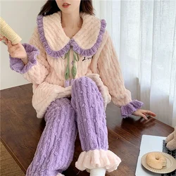 Lady New Autumn Winter Loungewear Suit Coral Plush Women Pajamas Thickening Sleep Clothes Famale Warm Homewear Set Girls Pijama