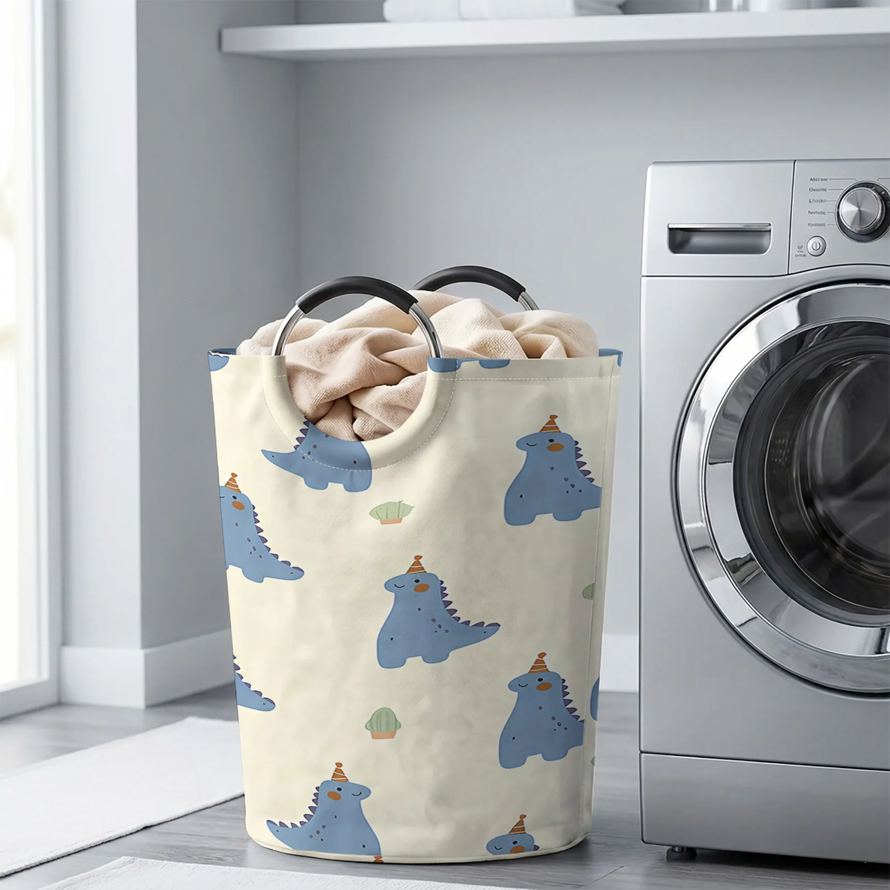 Cartoon Dinosaurs With Party Hat And Cactus All‑Over Print Handheld Storage Basket, For Laundry, Bedroom & Home Sundries Storage