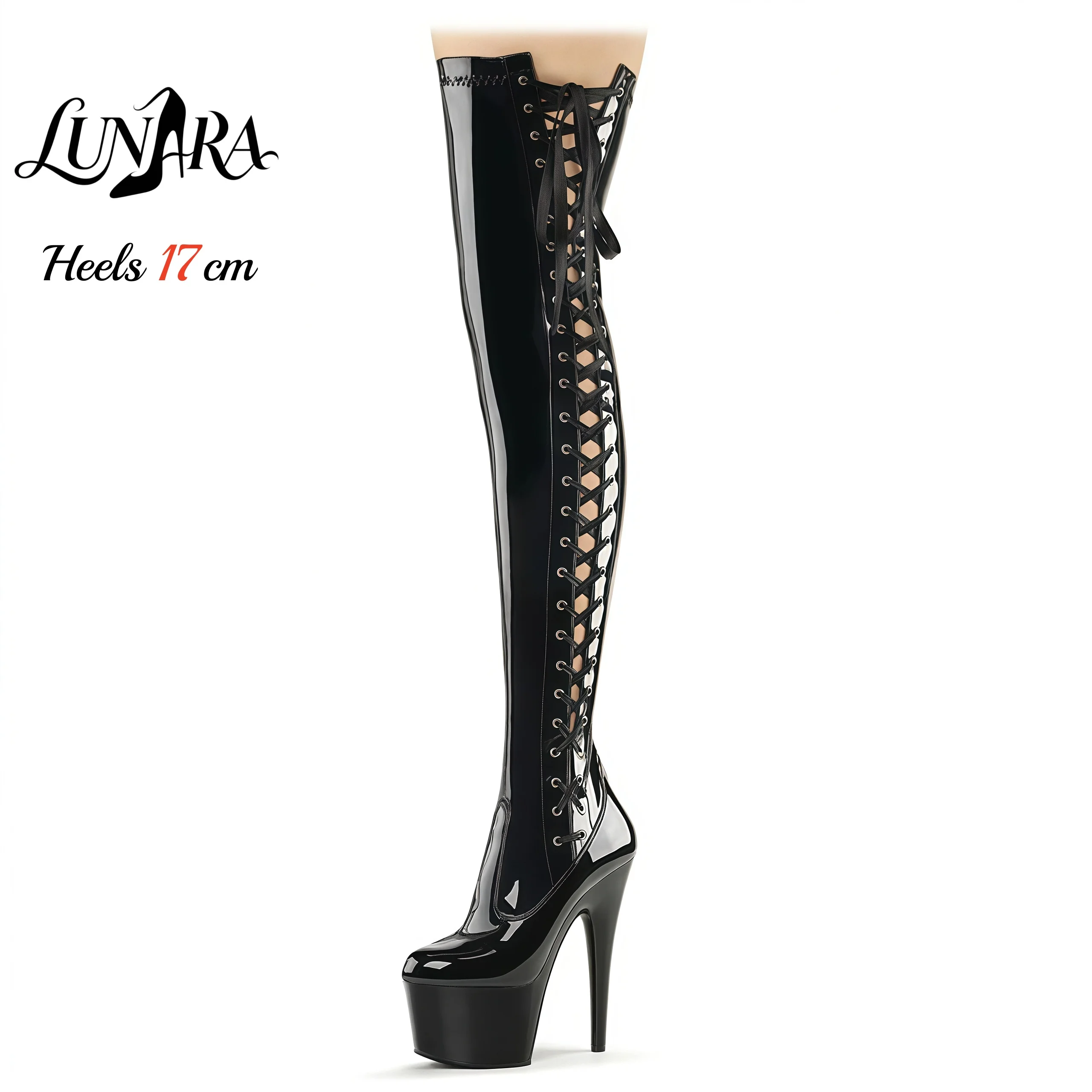 17cm/7Inch Black Patentleather Lace-up Zipper Closed toe Platform Stilettos Overknees boots Stripper shoes Pole dance Nightclub