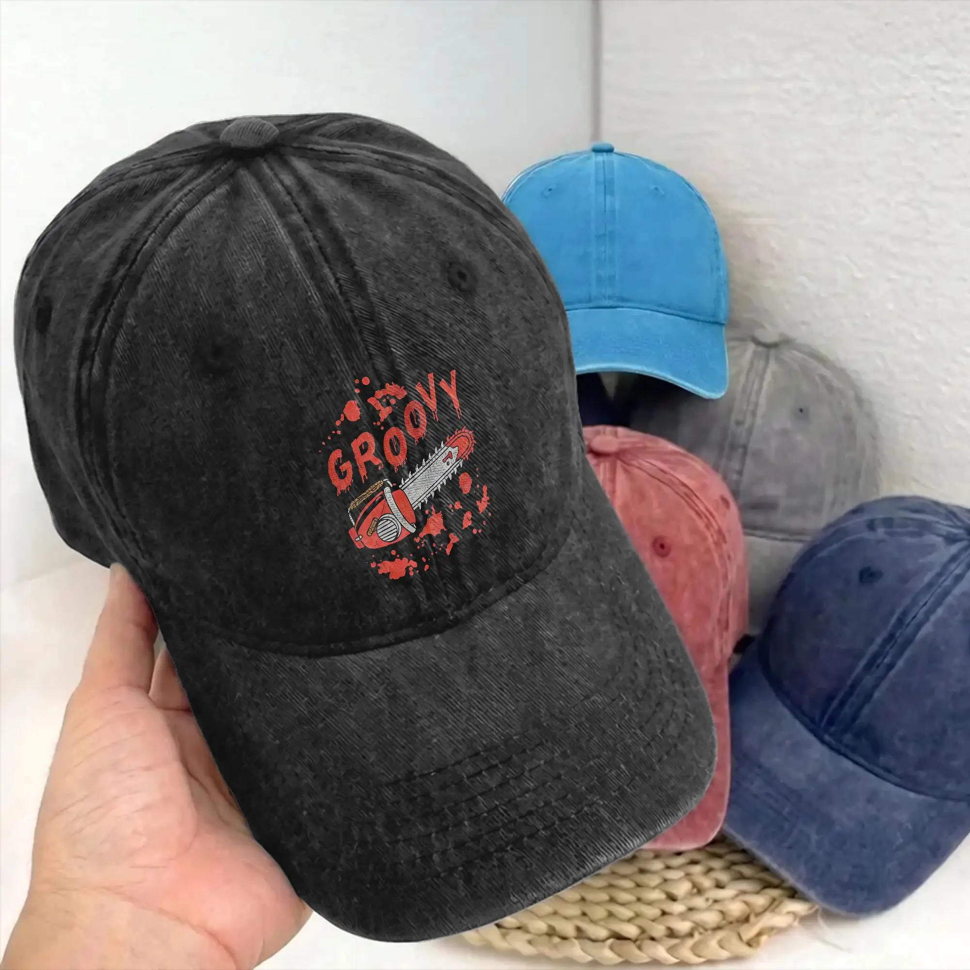 Vintage Ashes Groovy Chainsaw Williams Baseball Caps Unstructured Men Women Horror Distressed Washed Headwear Adjustable Fit Hat
