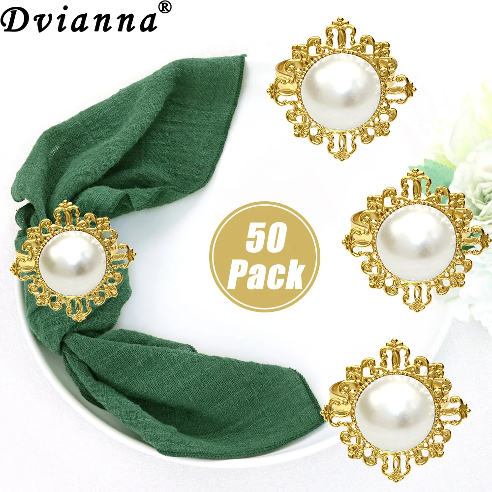 50Pcs Pearl Napkin Rings Wedding Napkin Holder Gold Napkin Buckle for Xmas Wedding Party Banquet Bridal Shower Table Decor HWP78