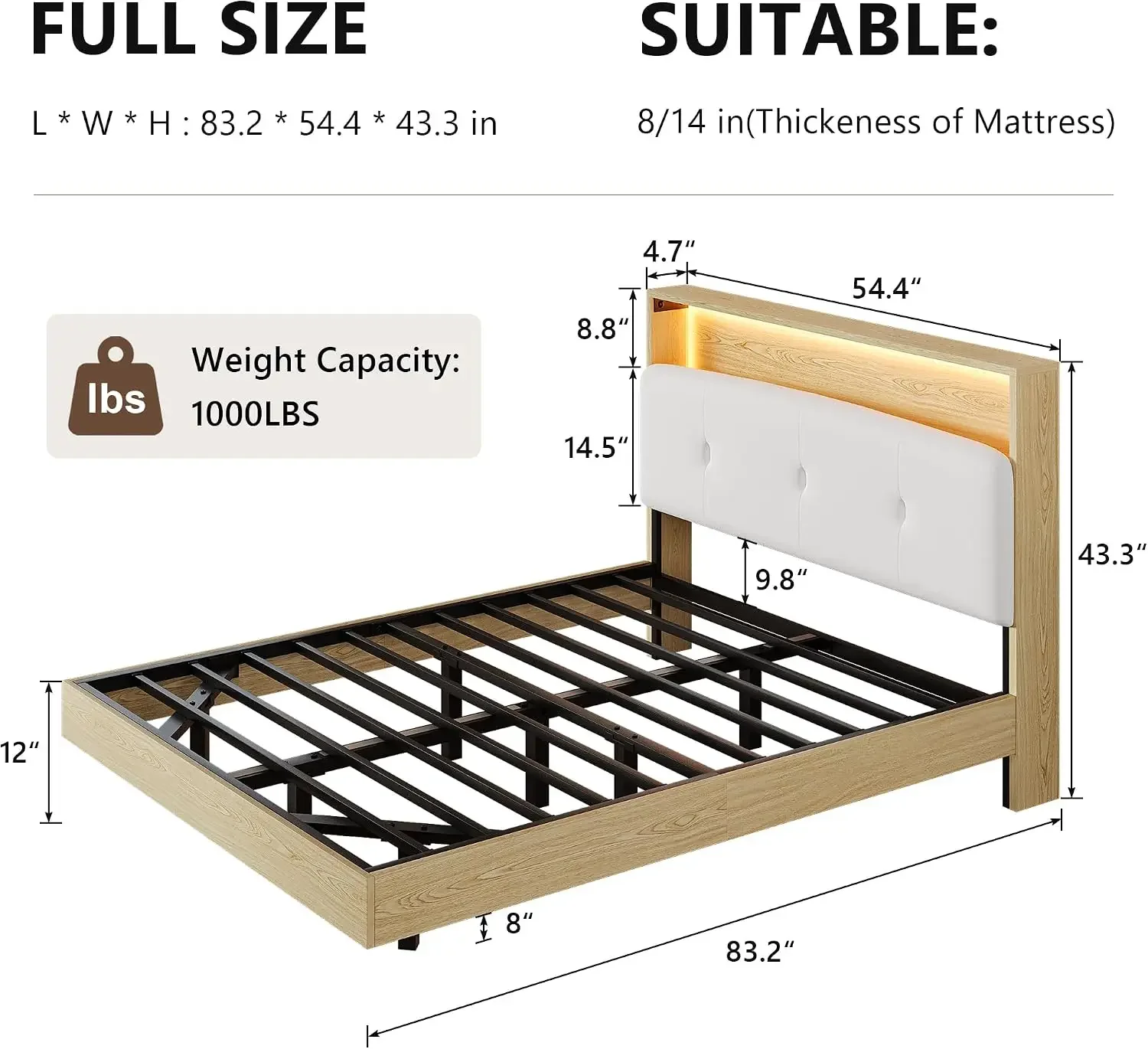 Floating Bed Frame Full with 2-Tier Storage Velvet Fabric Upholstered Headboard, Wooden Platform Bed Frame w/Charging Station &