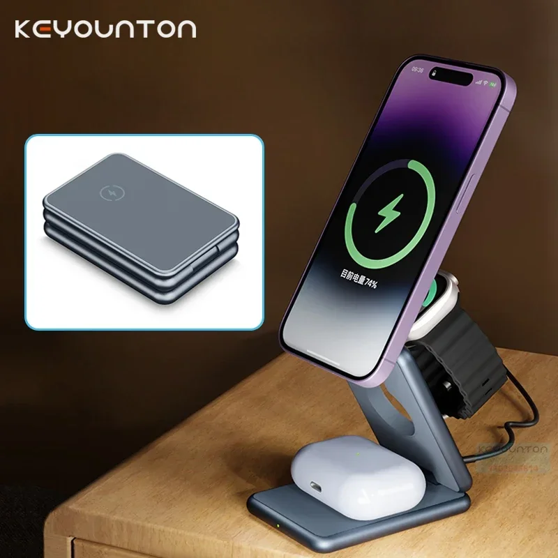 

Portable Magnetic Wireless Charger Stand For iPhone 15 14 13 Pro Foldable Fast Charging Station For Apple Watch SE 8 7 6 Airpods