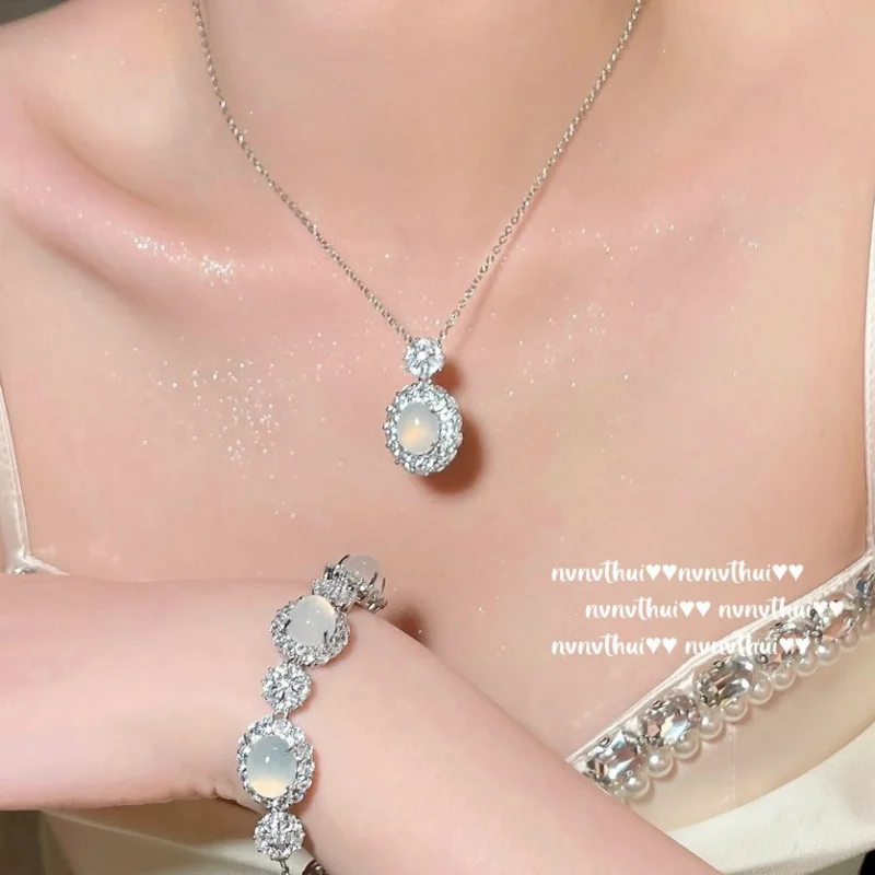 925 Silver Inlaid High Ice White Chalcedony Set Agate Earrings Bracelet Necklace Ring Four-Piece Set 2