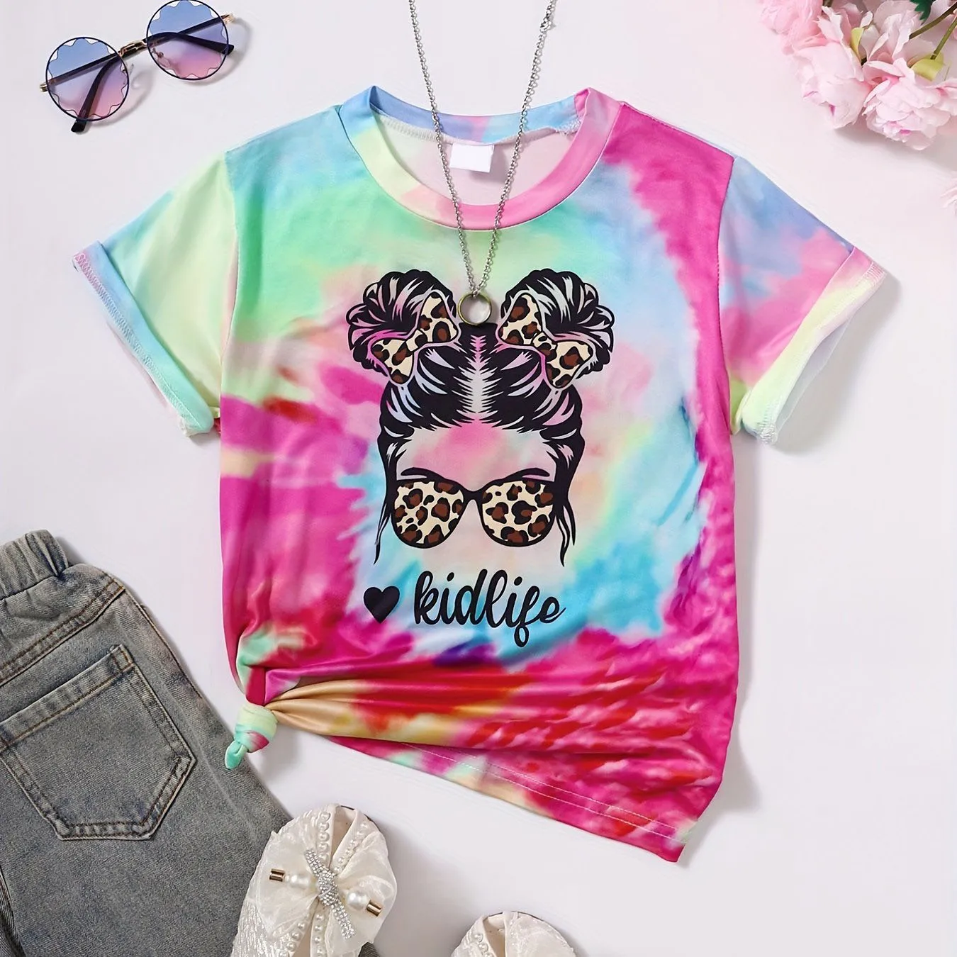 Girl Clothes Child T-Shirt Short Sleeve Heart Print Tie Dye Girl T-Shirt Top Casual Tees Kids Summer Clothes Children's Clothing