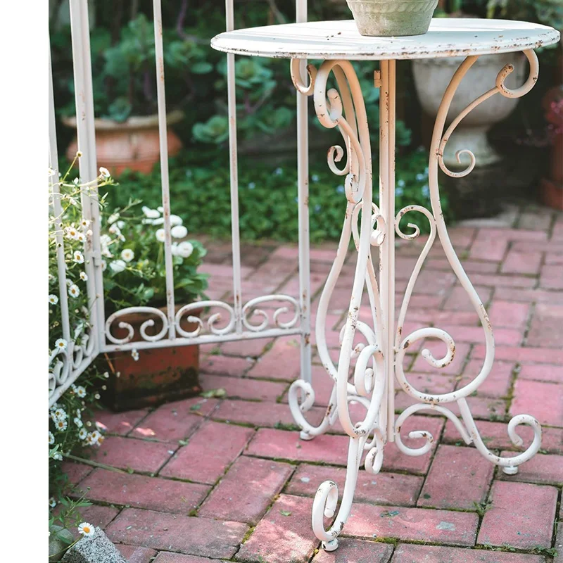 Outdoor Metal Iron Round Side Table Vintage White