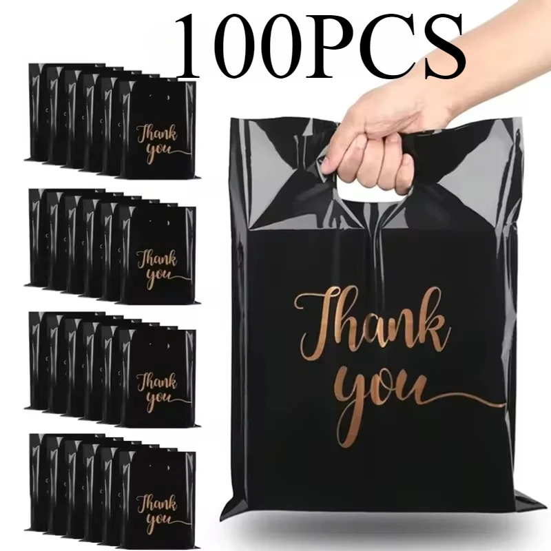 100 sacs cadeaux noirs en plastique avec poignée – Idéal pour anniversaire, Noël, mariage, fête