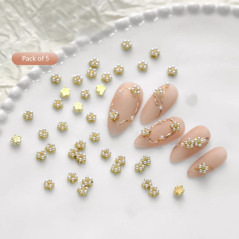 5Pcs Alloy Flower With Pearl Nail Jewelry 3D Five-Petals UV Changing Flower Nail Charms Manicure Nail Art Decoration