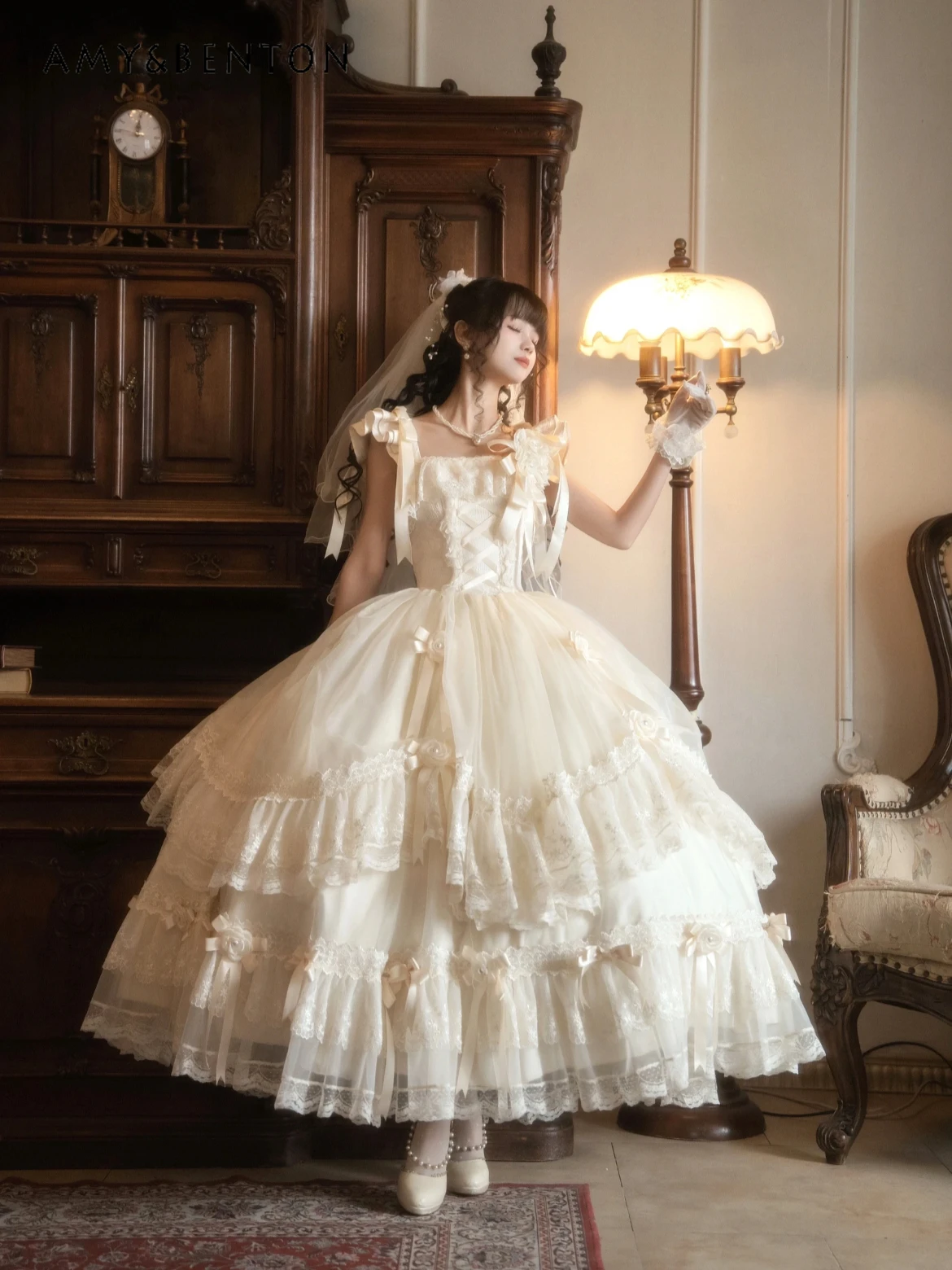 Abiti da sera Lolita eleganti di lusso leggeri Abito da compleanno per donna Abito da tutù in rete lunga sottile JSK con volant dolce stile fata