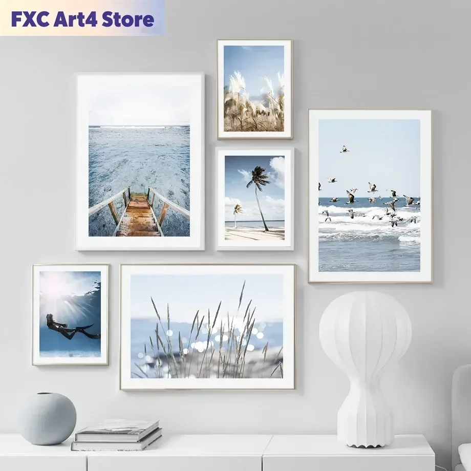 Rahmenlose Wandkunst, Leinwandgemälde, Strandwellen, Kokospalmen, Meeresschildkröten, Möwen, Schilfrohre, Sommerposter, Bilder für das Wohnzimmer