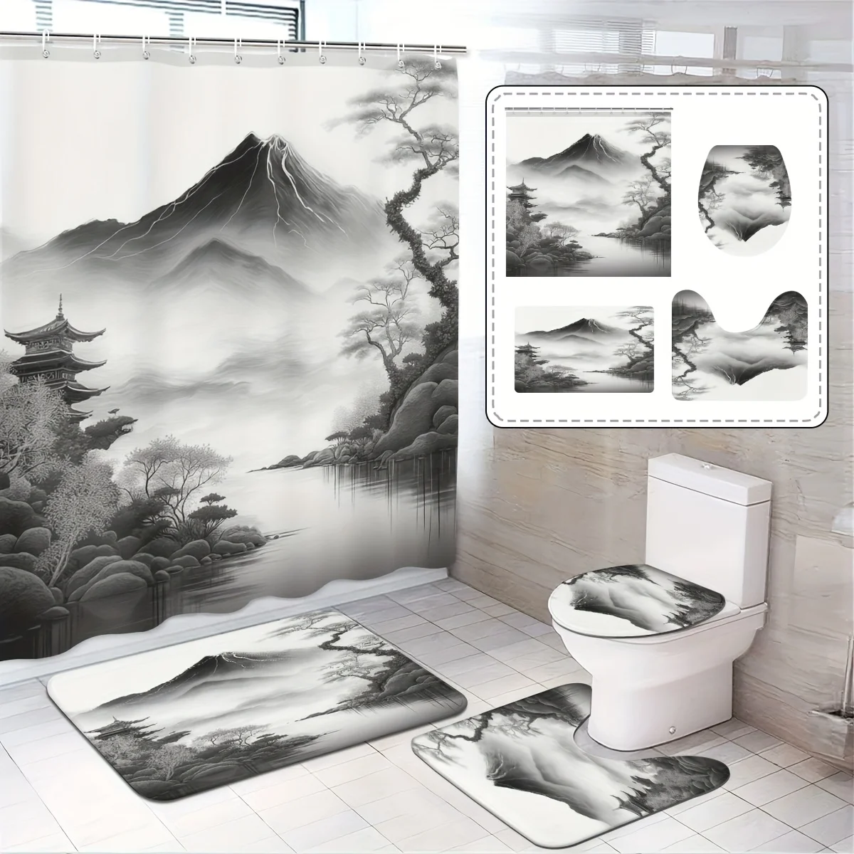 4pc Zen-inspired landscape art patterns, including U-shaped mats, shower curtains, rugs, and toilet seats.