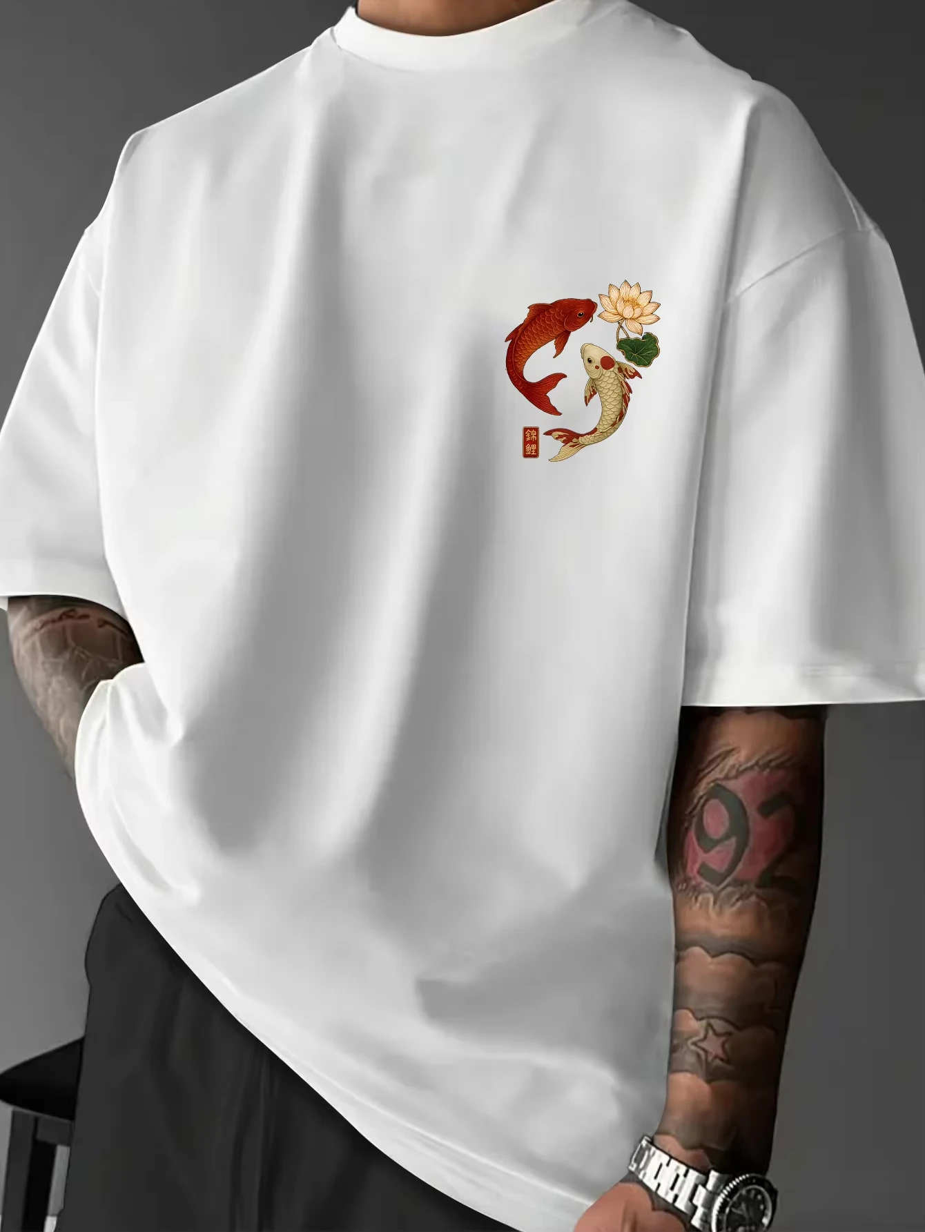 2027 Summer 100% Pure Cotton Men's Koi Lotus Pattern Printed Daily Round Neck Short Sleeved Casual Outdoor T-shirt