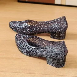 Sandali Glitter di cristallo scarpe di gelatina leggere da donna tacchi spessi suola morbida antiscivolo scarpe slip-on estive sandalias Mujer