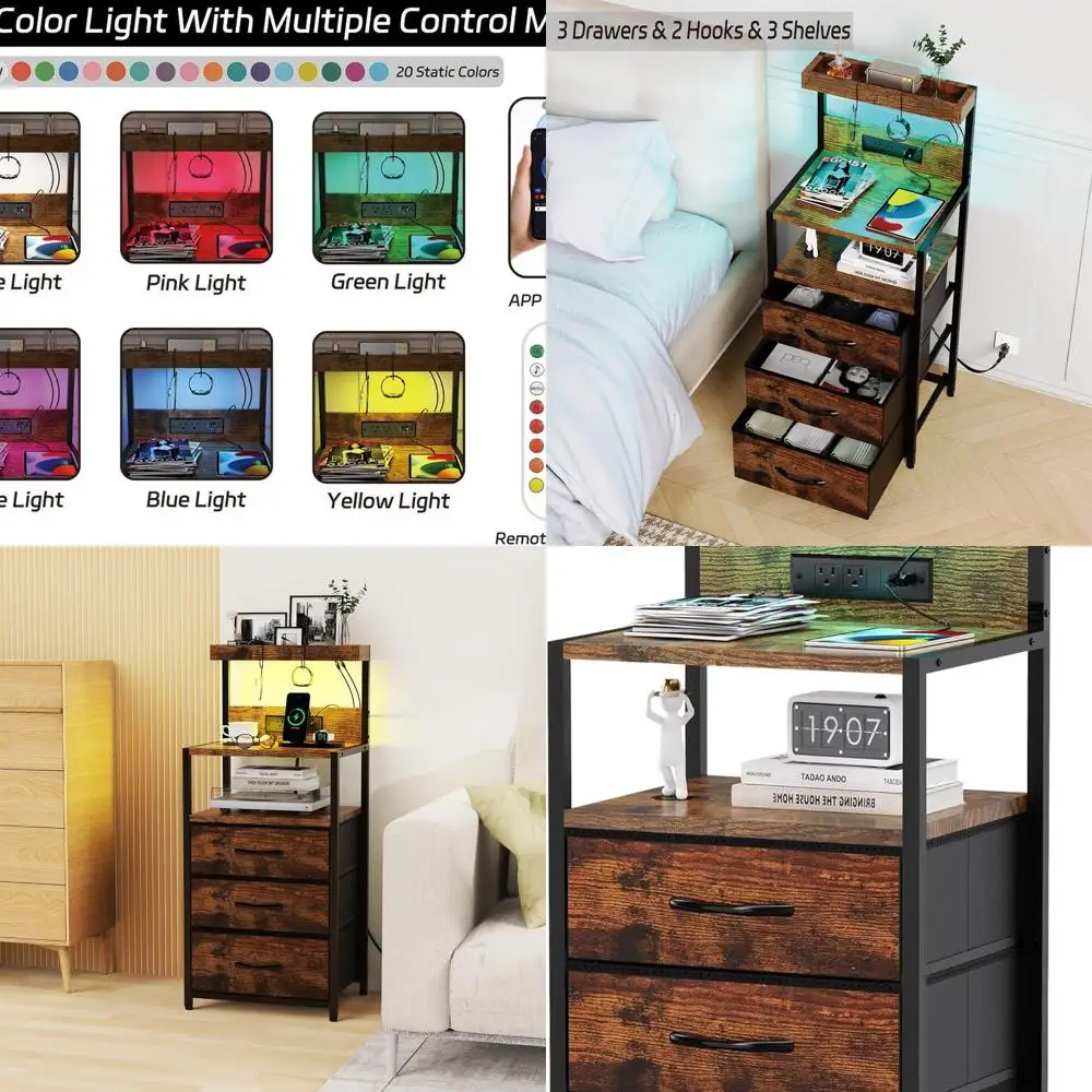 

Прикроватная тумбочка в деревенском стиле, коричневая, с 3 ящиками, зарядной станцией, светодиодной подсветкой и крючками для хранения