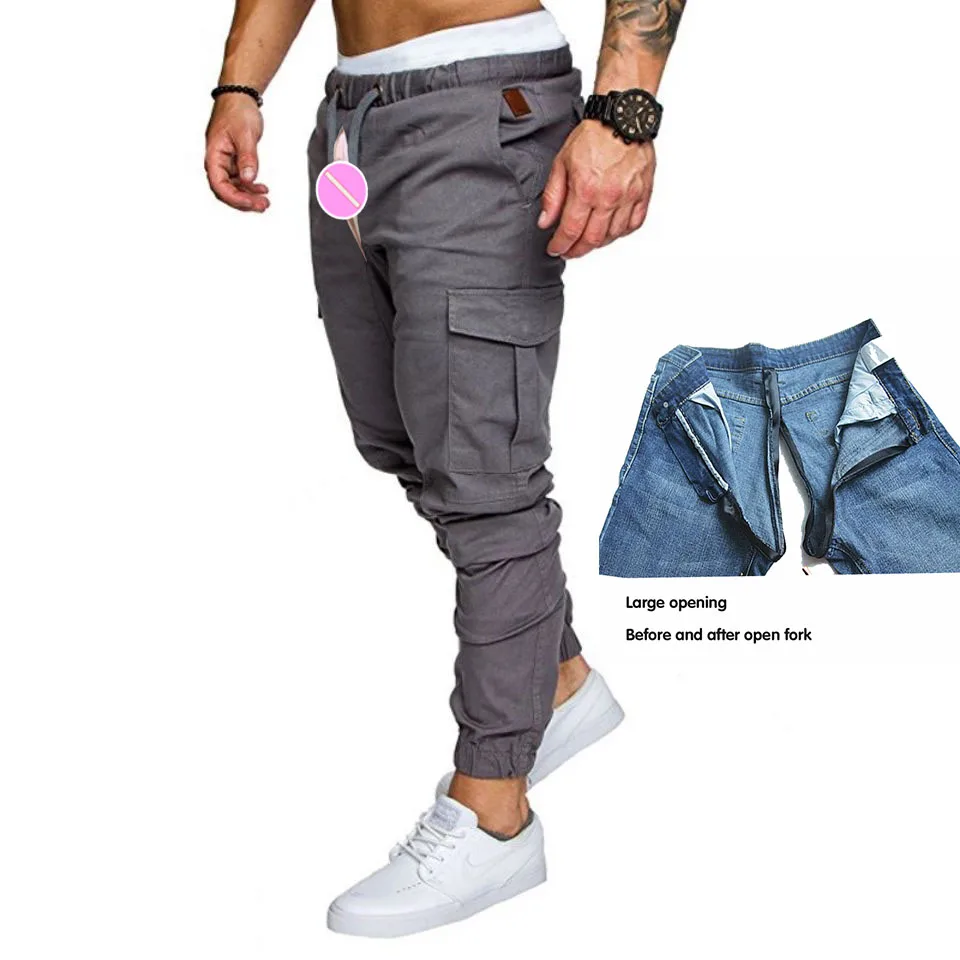 Invisible Open-Seat Pants Casual Pants Men's Ankle Banded Working Pants Multi-Pocket Sports Trousers Fitness Gym Pants Trousers