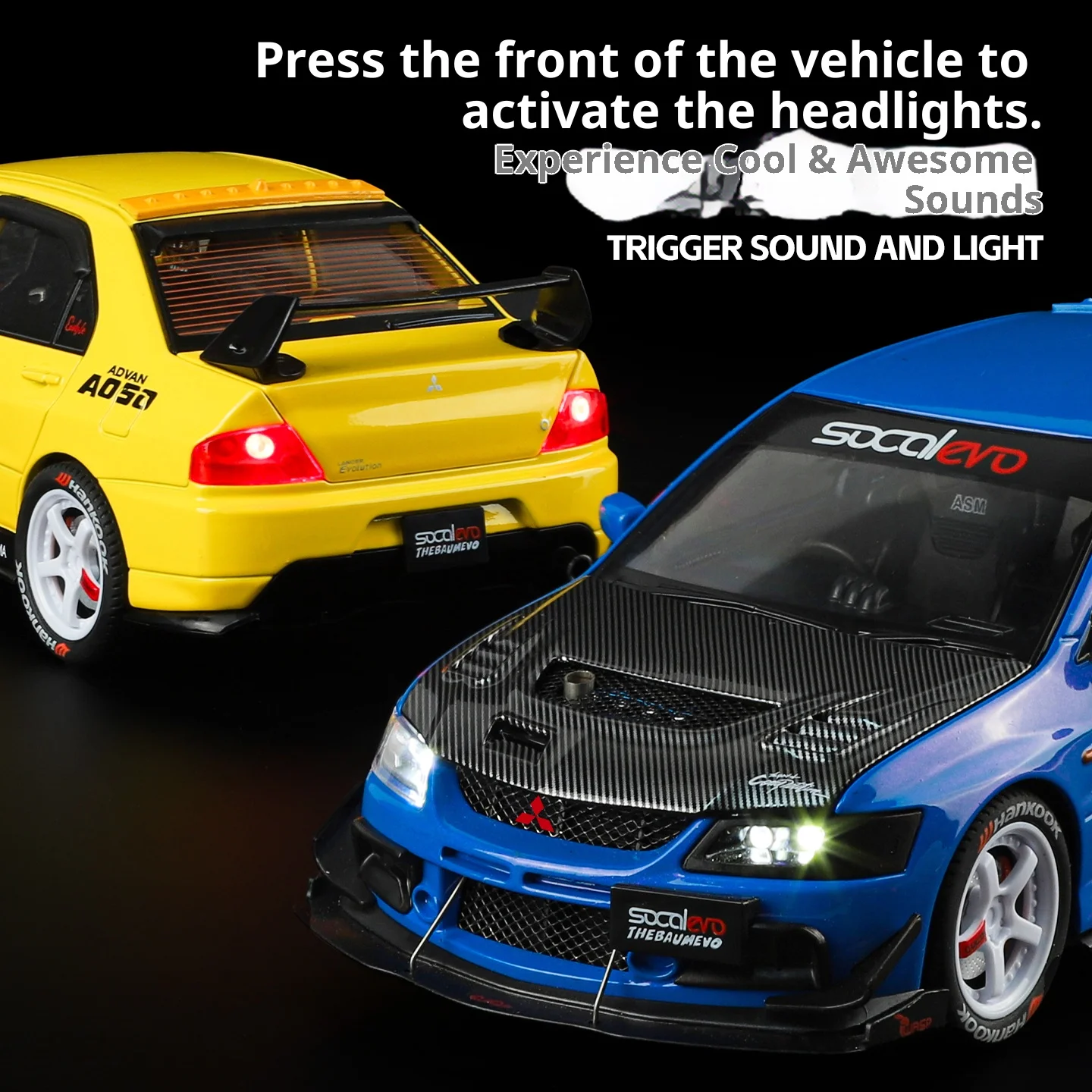 Model samochodu Mitsubishi EVO9 ze stopu metalu w skali 1/24, symulacja dźwięku i światła, amortyzacja kół, zabawka dla chłopca, prezent urodzinowy dla dzieci.