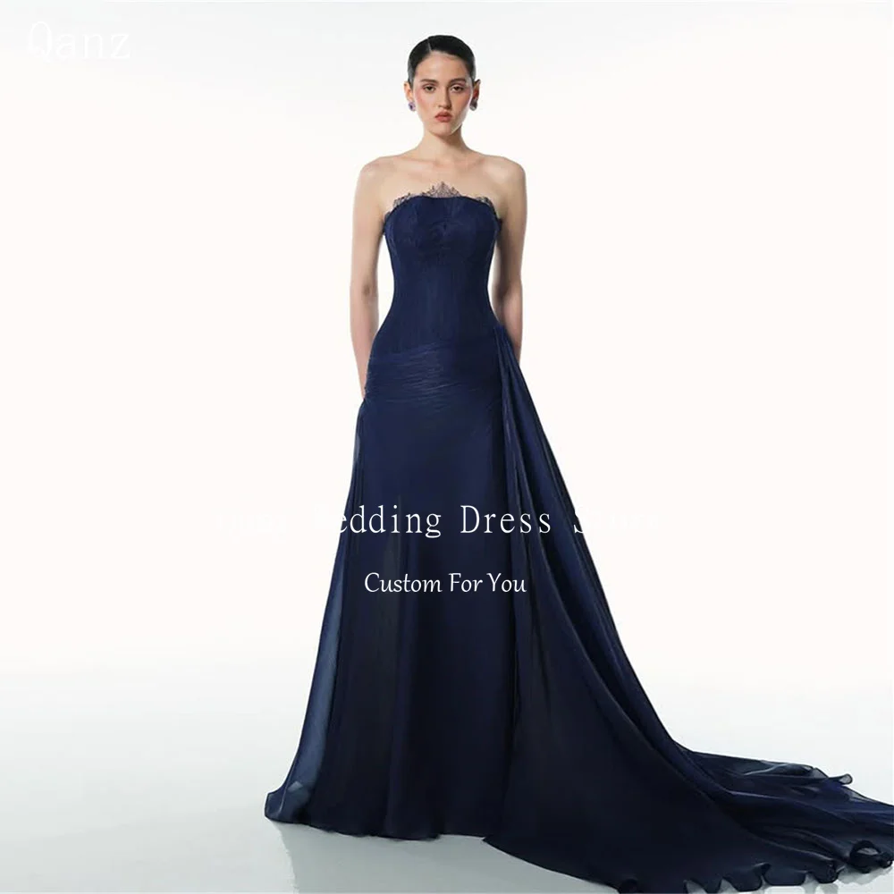 

Qanz Dubai Deep Navy Blue Prom Dress Chiffon Long Train Formal Evening Gowns Lace Strapless Vestido De Fiesta Lujo Customized