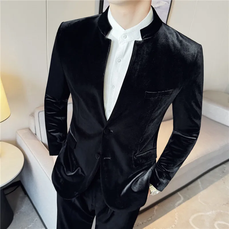 

Chinese Style Stand Collar Velvet Blazer Jacket Men High Quality Thick Men's Casual Blazers Slim Fit Single Breasted Suit Coats