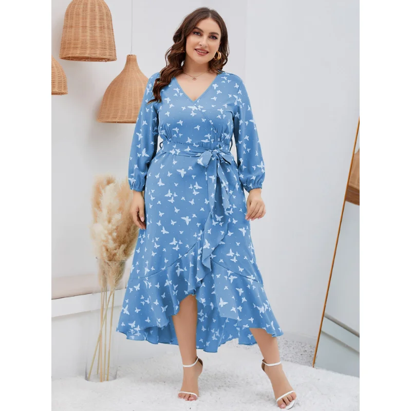 4XL 5XL Elegant Printed Lantern Plus Size Dress Women Dresses Sexy Boho Beach Casual Slim Party Ruffle Midi Dress Lady Vestidos