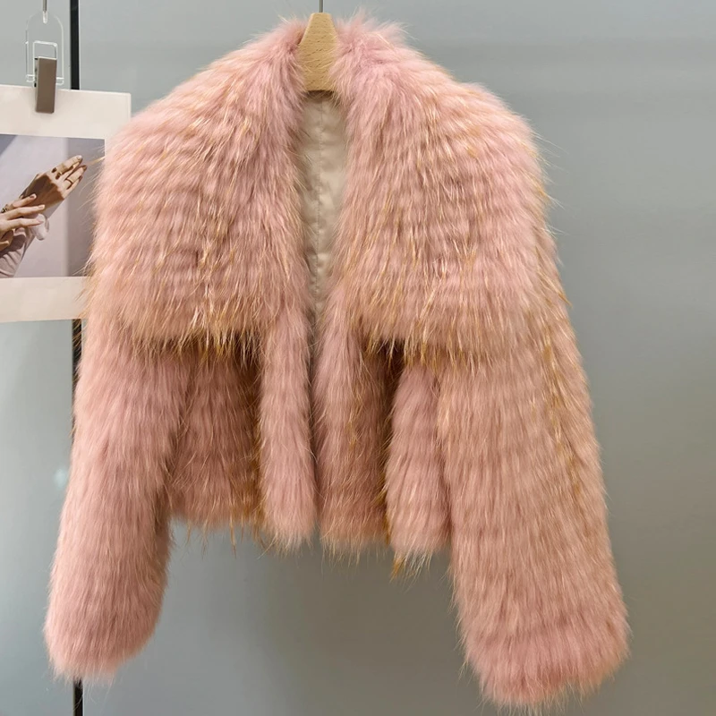 100% Natural Raccoon Fur Coats for Women 2024 Fashion Large Lapel Collar Female Pink High Waist Short  Real Fur Warm Jacket Tops