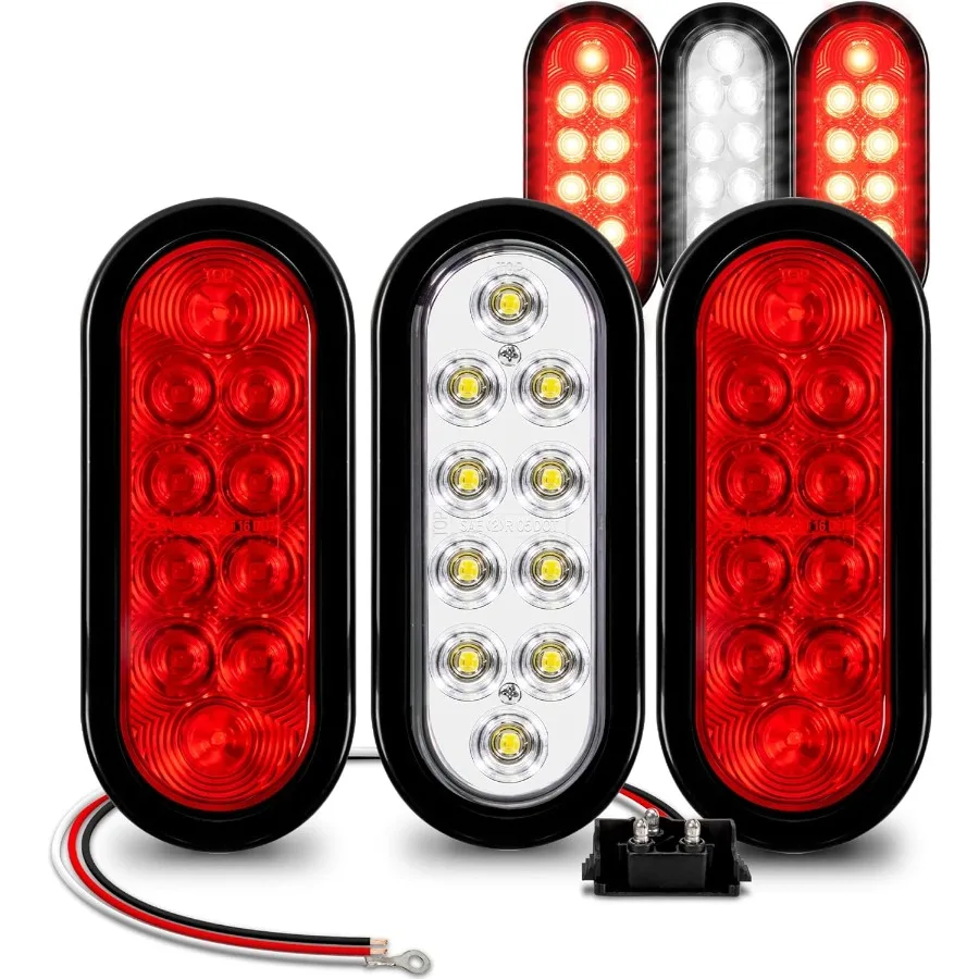 

TRUE MODS 4 красный + 2 белых 6 овальных светодиодных задних фонарей прицепа [DOT FMVSS 108] [Заглушки для громметров] [IP67 Водонепроницаемый] [Стоп тормоза поворота