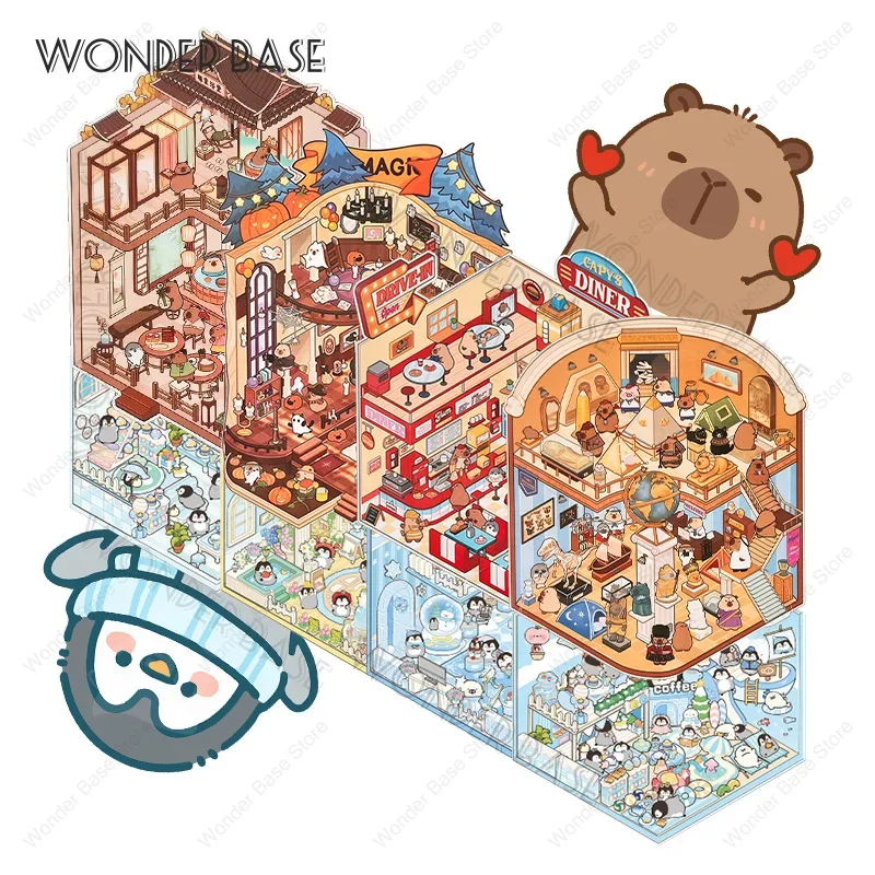 DIY dibujos animados Capybara pingüino escena en miniatura paisaje pegatina 3D bolsillo cabina escena apilamiento pegado pegatina regalo para chico
