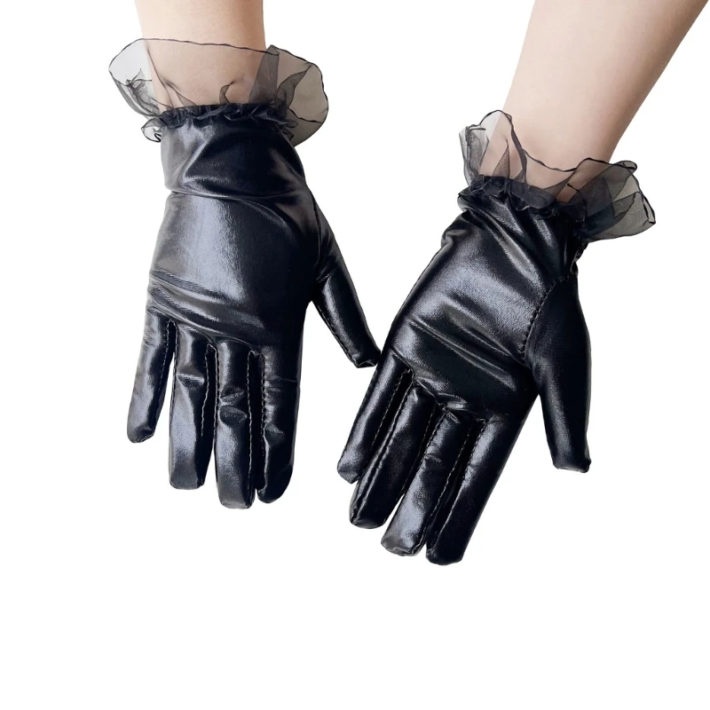 Leather Short Gloves for Stage Women Party Gloves Lace Cuffs Gloves Evening DanceParty Gloves Festival Handwear