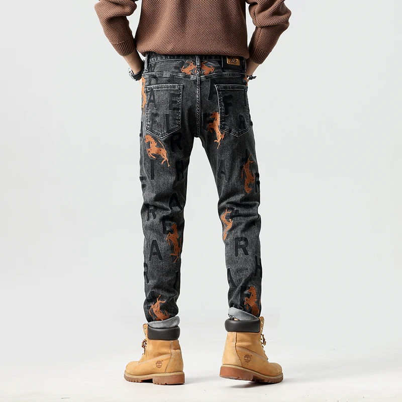 Street fashion jeans men's embroidery stretch ruffle handsome men's trousers Personalised patch Slim straight trousers
