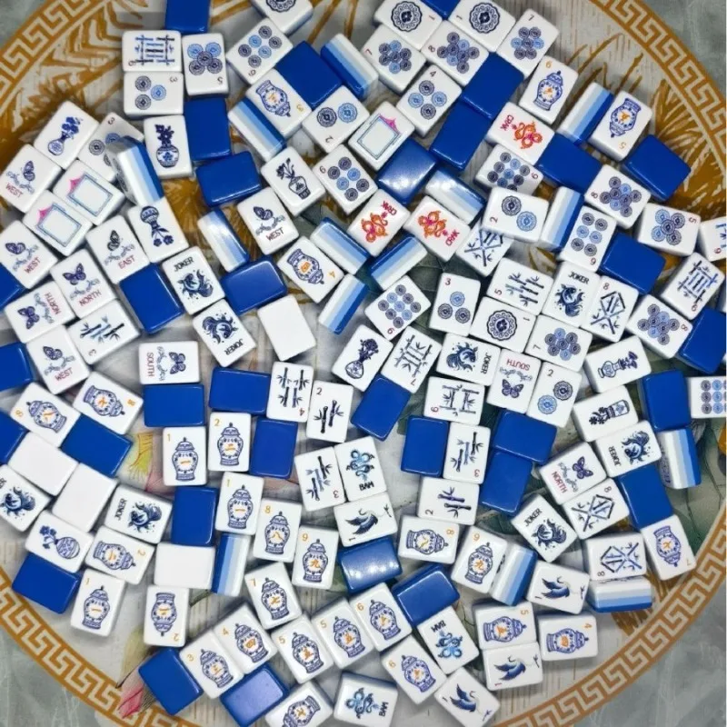 4‑Layer Acrylic American Mahjong Set, 32mm Blue‑and‑White Porcelain Pattern Mah‑Jongg Tiles