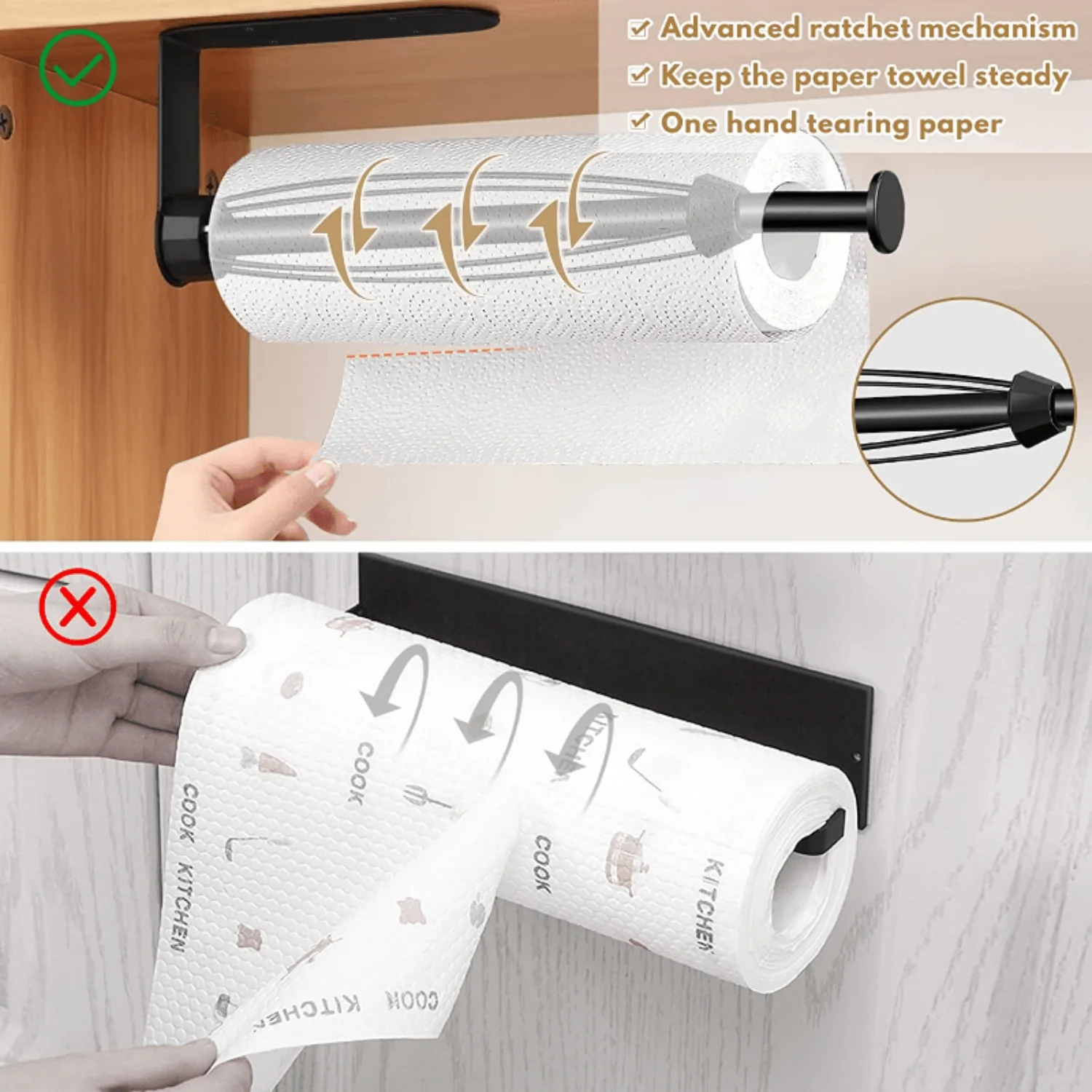 1pc Paper Towel Holder Under Cabinet, Single Hand Operable Paper Towel Holder Wall Mount With Damping Effect, Self-Adhesive Or D