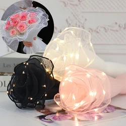 Wave Yarn Flower Embrulho Paper com luzes LED, Valentines Wedding Bouquet Gift Packing, Malha de renda para florista, Bouquet Wrap Decor