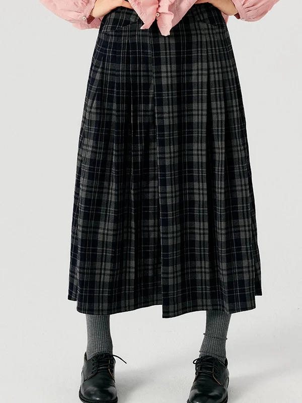 

GOOZA High nce Sense Retro k Blue Plaid ter Skirt Women's Versatile Semi-tight Waist Pleated Midi Skirt