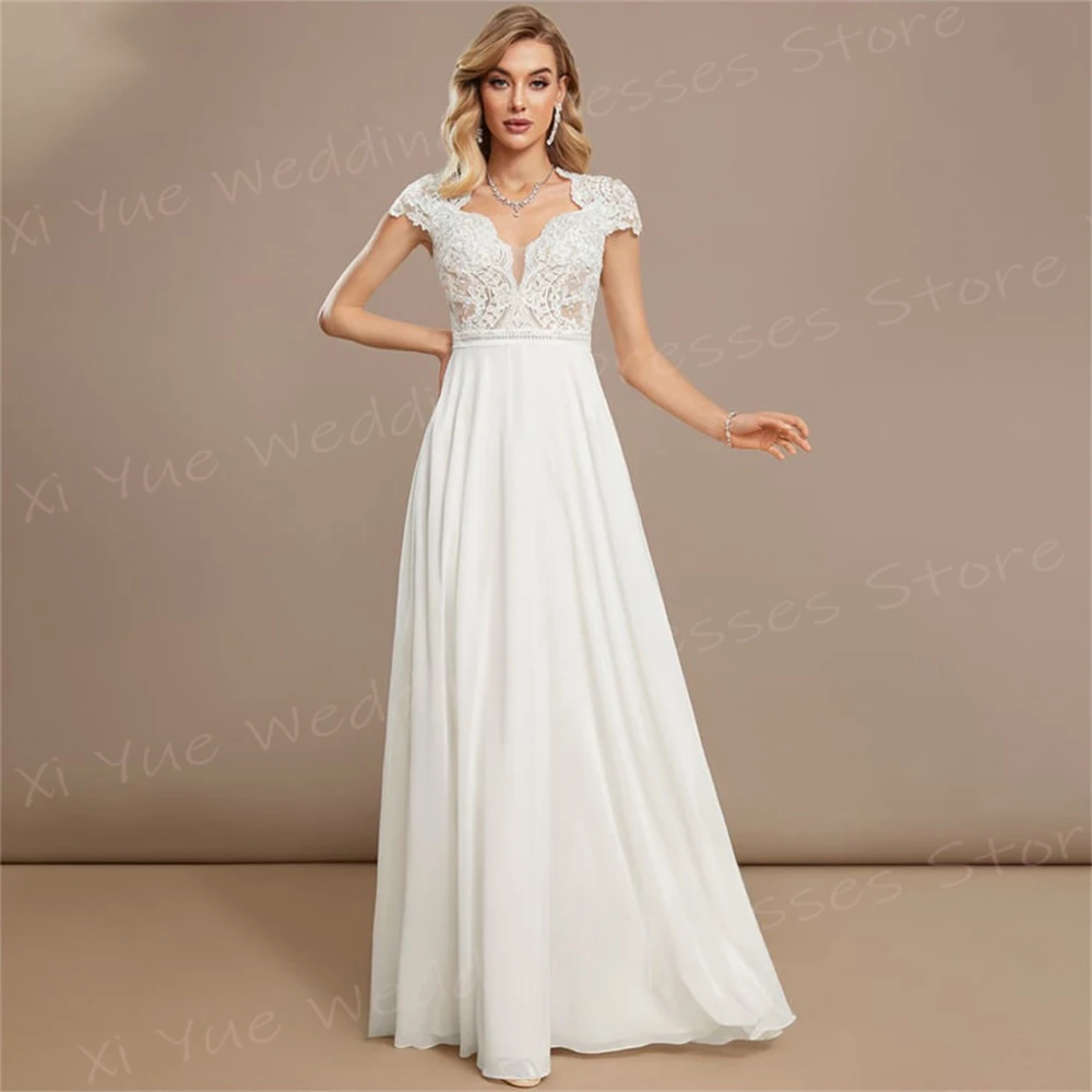 Vestidos de casamento linha A feminino, apliques elegantes, vestidos de noiva de renda, manga popular, vestido sem costas, vestido moderno charmoso