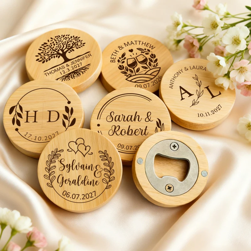 Personalized Bottle Opener, Round Bamboo Bottle Opener with Magnetic, Custom Beer Bottle Opener for Wedding Gift for Guests