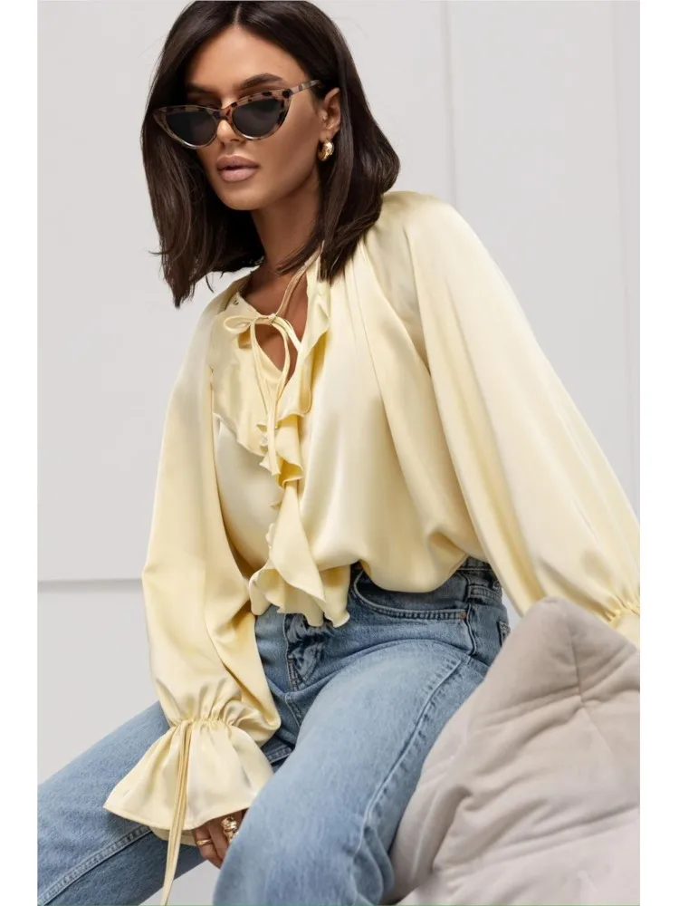 

New Women's Clothing Spring Summer Versatile Fashion Ruffle Edge Flared Sleeves Sexy V-neck Lace Up Women's Shirt