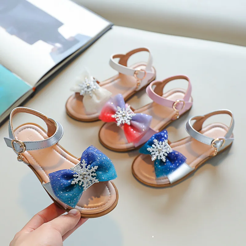 Summer 2025 Fancy Girl Snow Queen Huaraches Princess Sandals Fashion Fairy Children's Cute Bow Tie Flat Casual Shoes Kinder Shoe