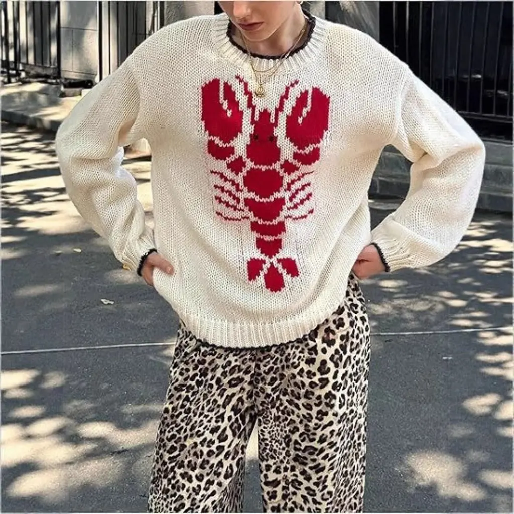 

Winter New Women's Casual Knitted Cardigan Long Sleeve Single Button Open-Shirt Style With Shrimp Print For Commuting