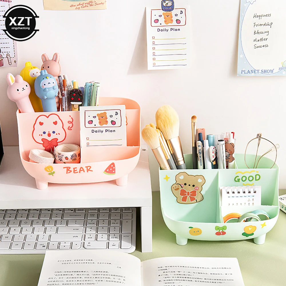 Creative พลาสติก Desktop Organizer ผู้ถือปากกาโต๊ะมัลติฟังก์ชั่นแต่งหน้าดินสอจัดเก็บกล่องโรงเรียนเครื่องเขียน Office